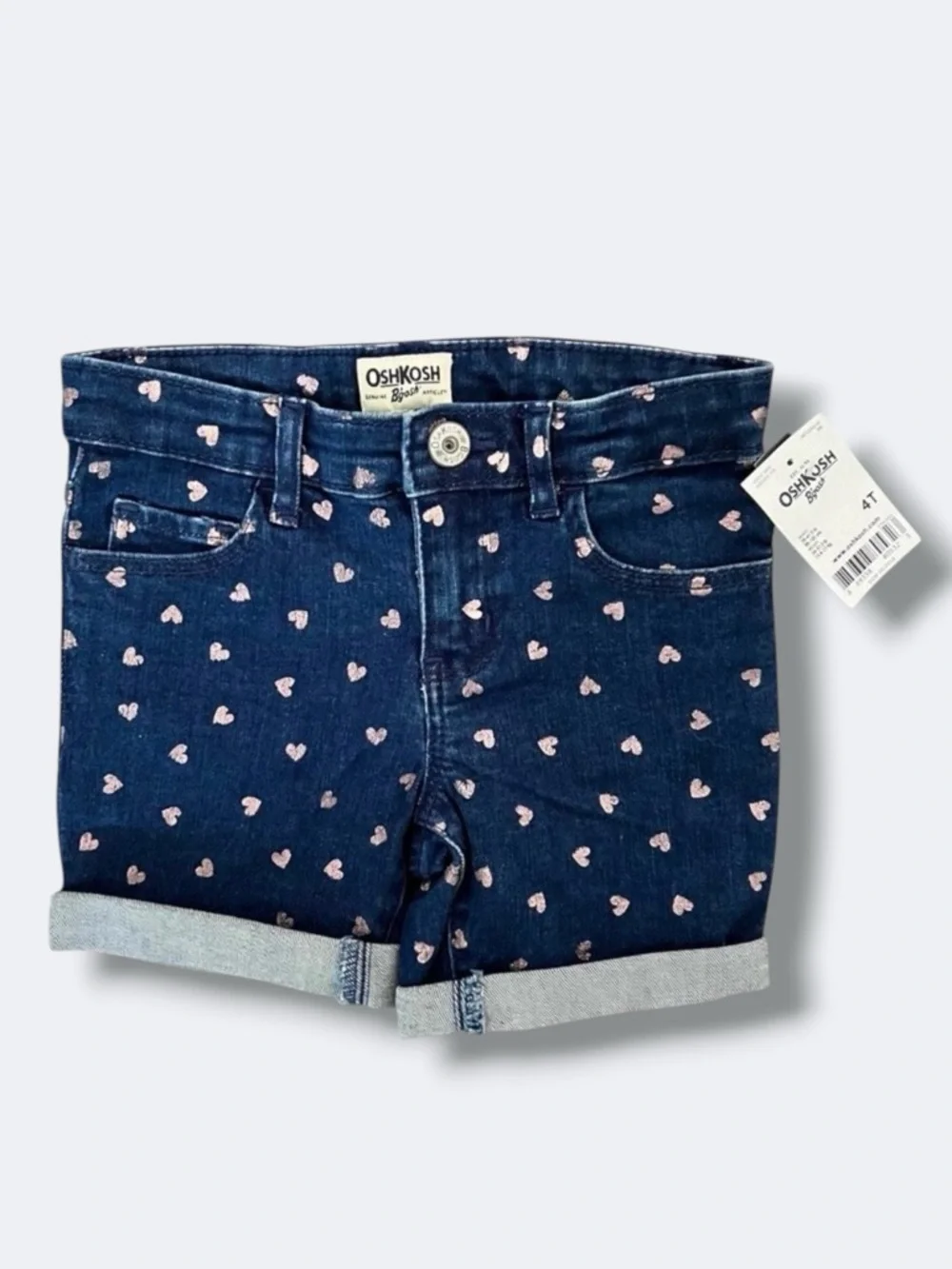 OshKosh B'gosh Denim Shorts Girls 4T Navy Pink Heart Print Stretch Cuffed New